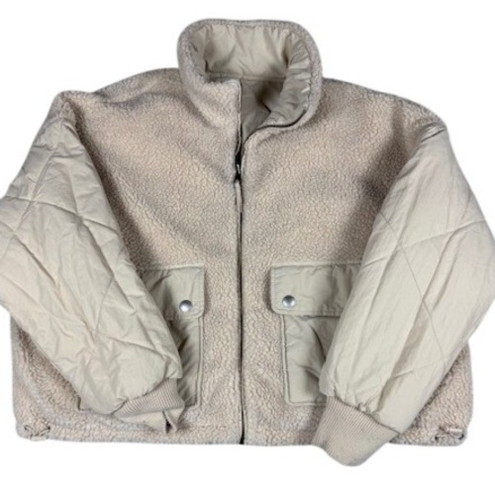 American Eagle Reversible Sherpa‎ Quilted Bomber Jacket Cream Womens L 0103-1577
